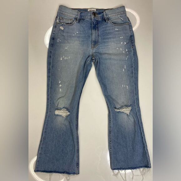 Frame Heritage Sylvie Kick Boot Raw-edge Stunt Denim Jeans Women 30 Blue Paint - Picture 1 of 12